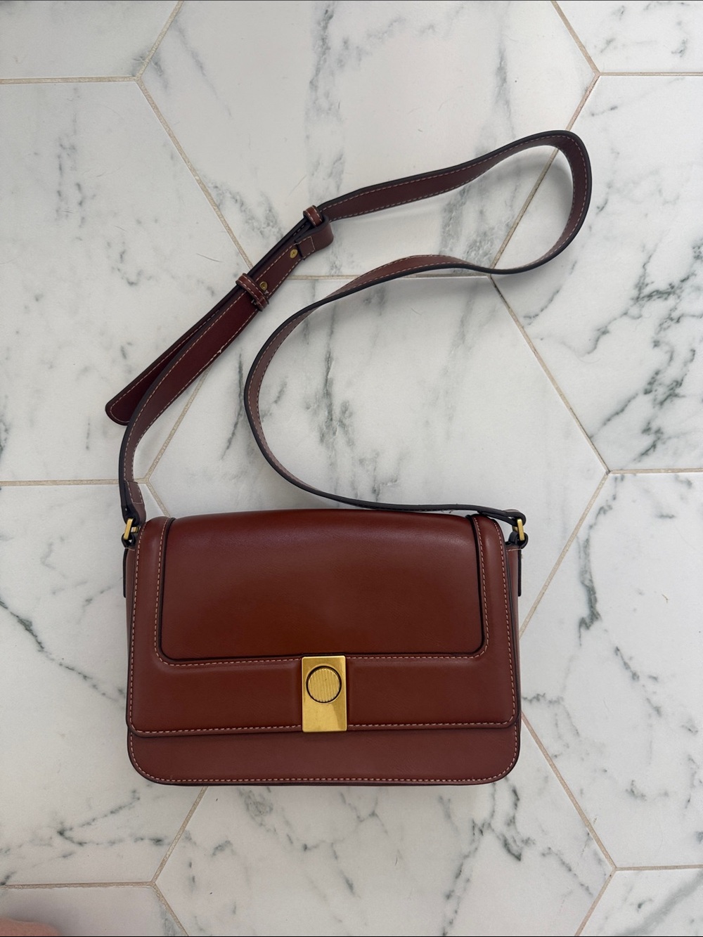Mango Brown Leather Crossbody with Gold Tone Clasp